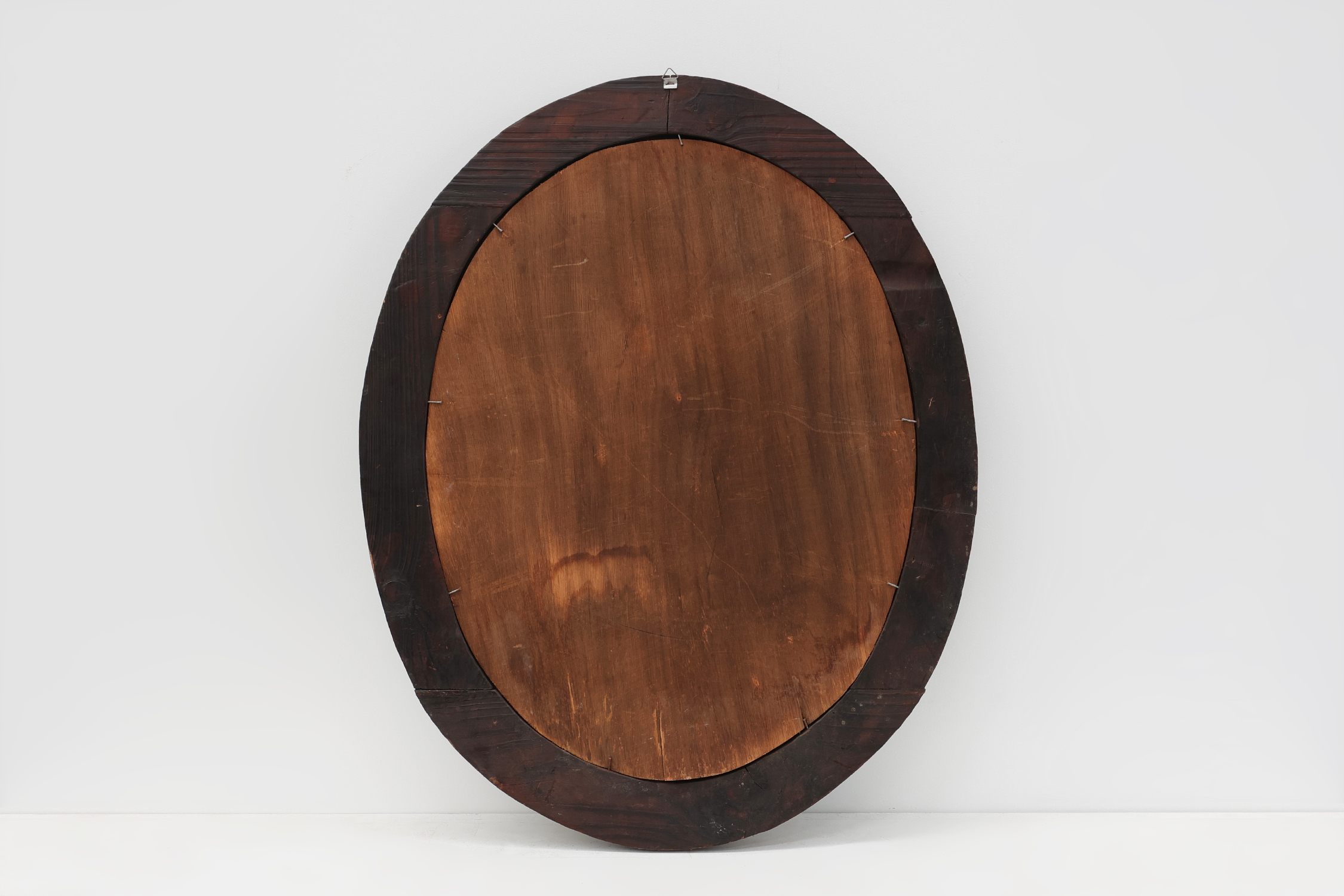 Spanish Brutalist Oval Mirror in Hand-Carved Wood with Brass Studs, 20th Centurythumbnail